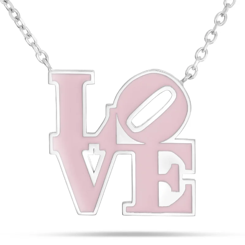 Fashionable Gold Necklaces-14K White Gold Philadelphia LOVE Pink Enamel Necklace