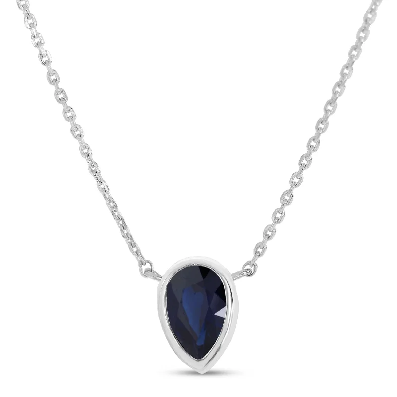 Chunky Silver Necklaces-14K White Gold Pear Sapphire Birthstone Necklace P4334W-18-SEP