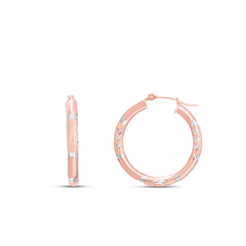 Designer Pearl Earrings-14K Rose Gold 3mm Diamond Cut Hoop Earring