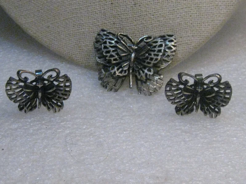 Brooch With Elegant Gemstones-Vintage Butterfly Brooch & Clip Earring Set, Pewter-Like, 1960's/1970's