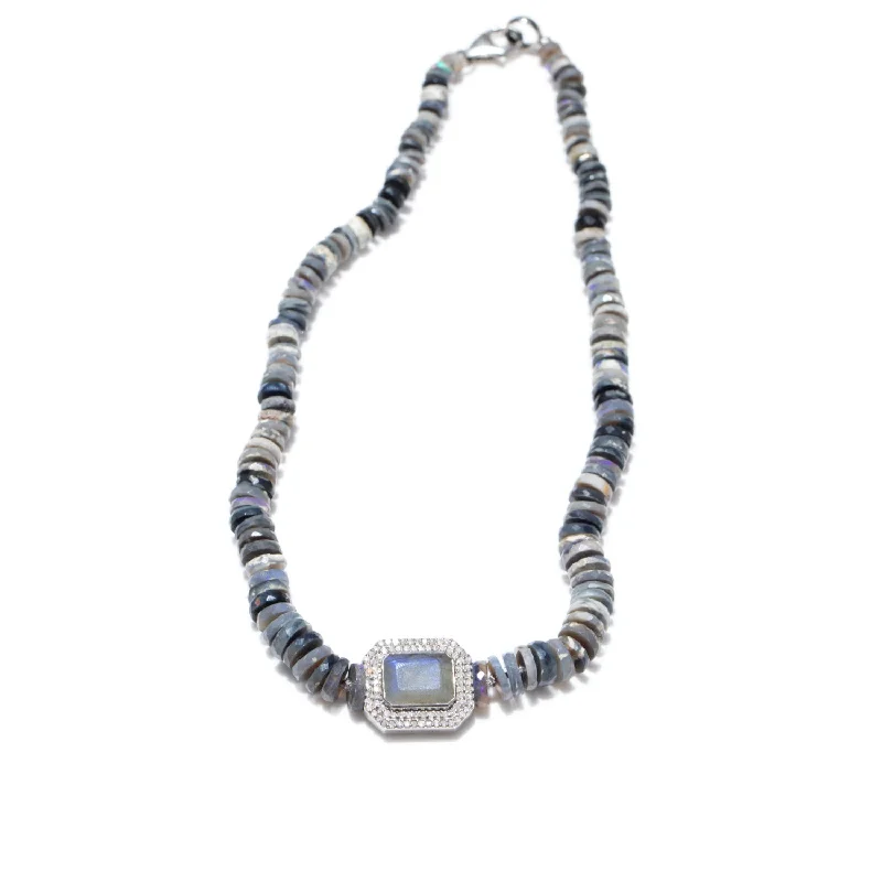 Boho Necklaces-Australian Opal Hand Knotted Necklace with Labradorite Center Stone N0003058