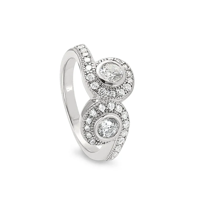 Artistic Rings-Platinum Finish Sterling Silver Micropave Swirl Two Stone Ring with Two 120 Facet Simulated Daimonds