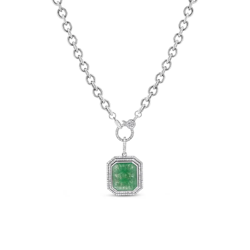 Men’s Silver Necklaces-Green Quartz Double Diamond Halo Pendant on Cable Chain Necklace - 17"  N0003023