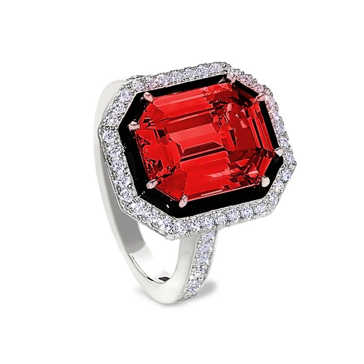 Personalized Rings For Women-Platinum Finish Sterling Silver Micropave Black Enamel & Simulated Ruby Octagon Ring with Simulated Diamonds - Size 6