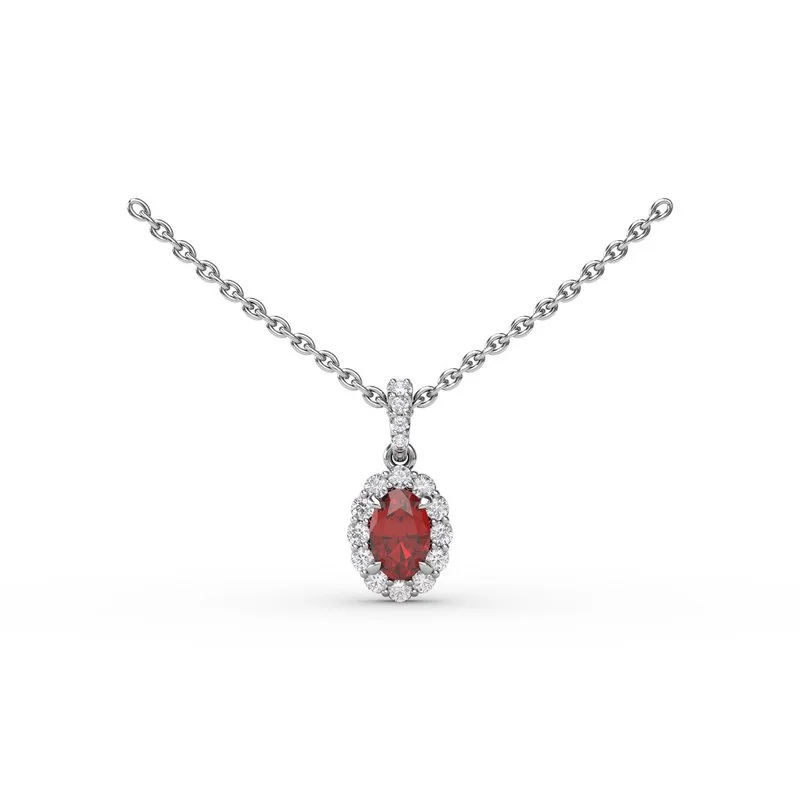 Gold Necklaces-Ruby and Diamond Halo Necklace P1834R