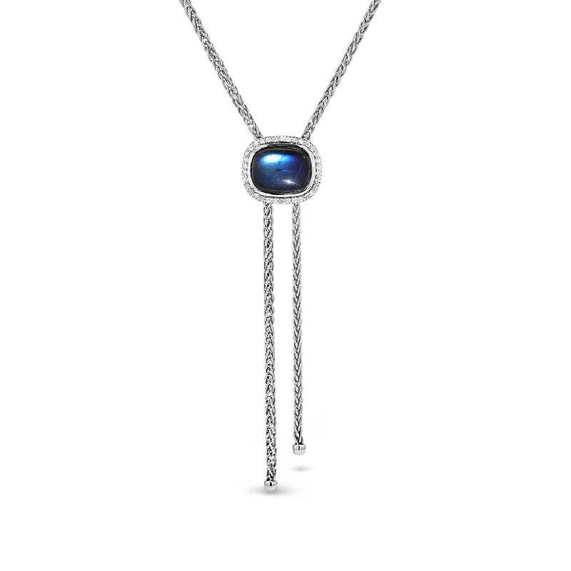 Simple Pendant Necklaces-Labradorite and Diamond Bolo Style Necklace on Wheat Chain  N0003473