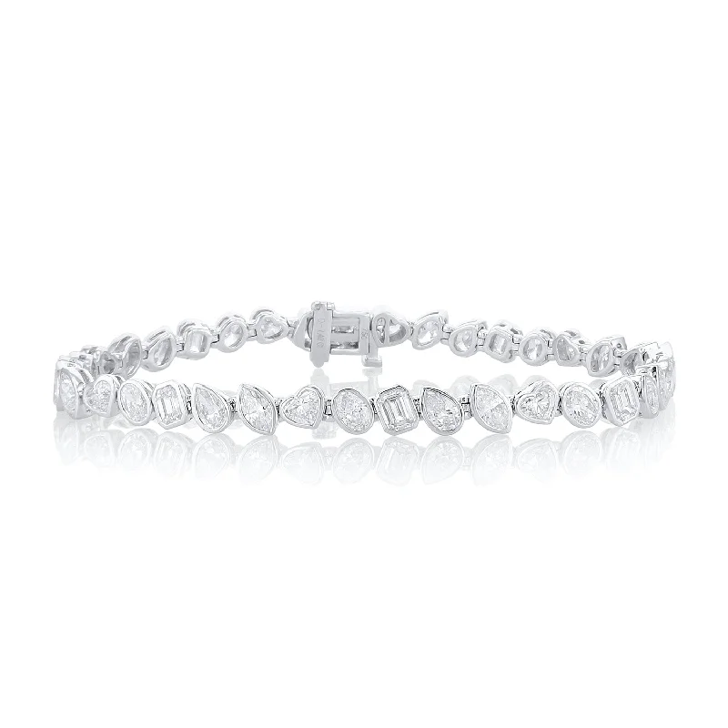 Bracelets For Wedding Gifts-7.40 Carat Mixed Fancy Shape Diamond Bezel Bracelet set in 18K White Gold