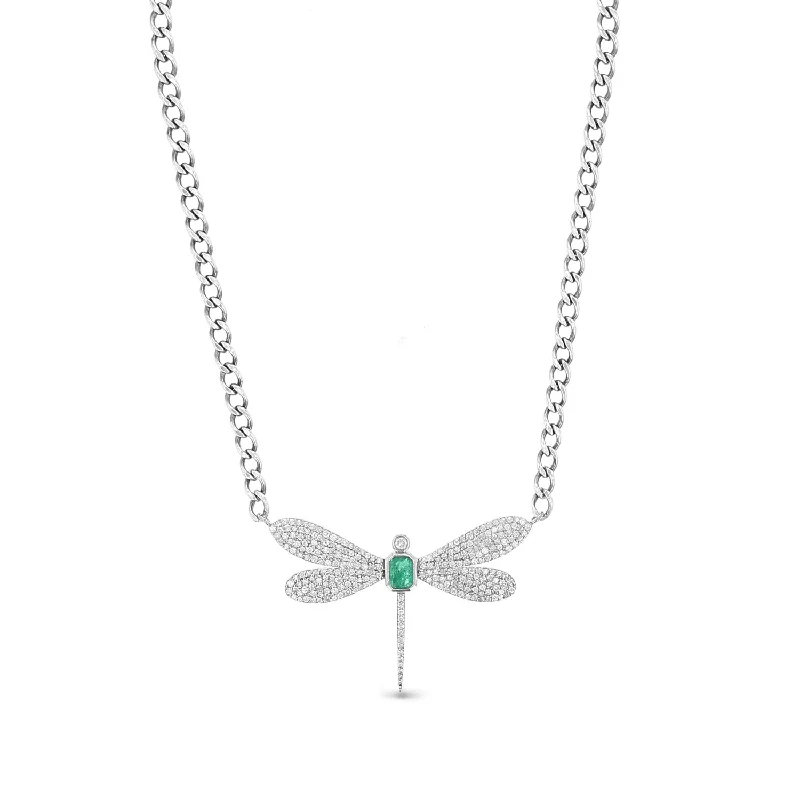 Star Pendant Necklaces-Diamond & Emerald Dragonfly Pendant Necklace-18"  N0002931