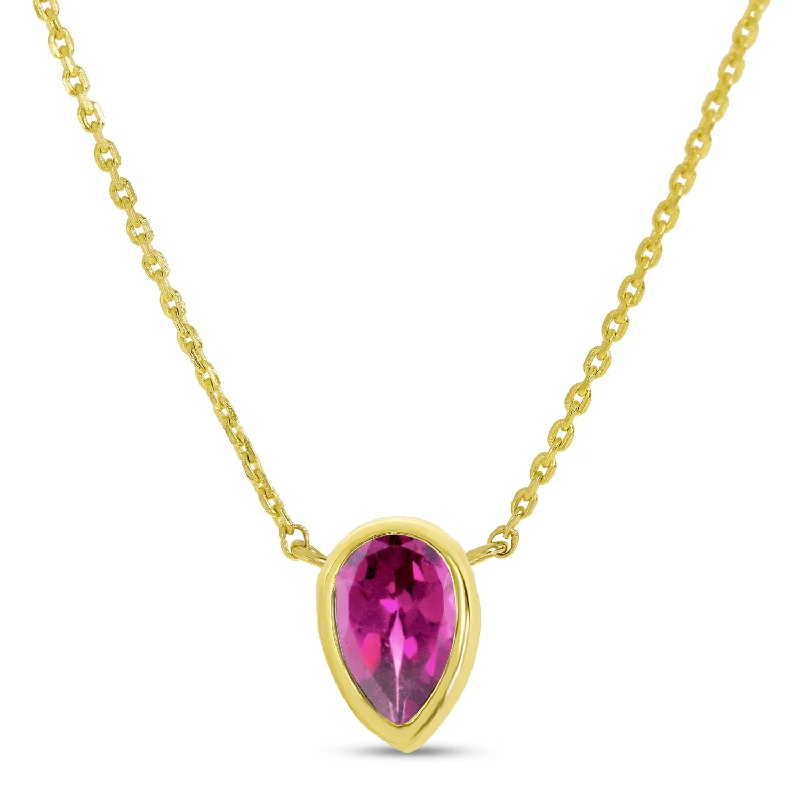 Nature-themed Necklaces-14K Yellow Gold Pear Pink Tourmaline Birthstone Necklace P4334-18-JUN