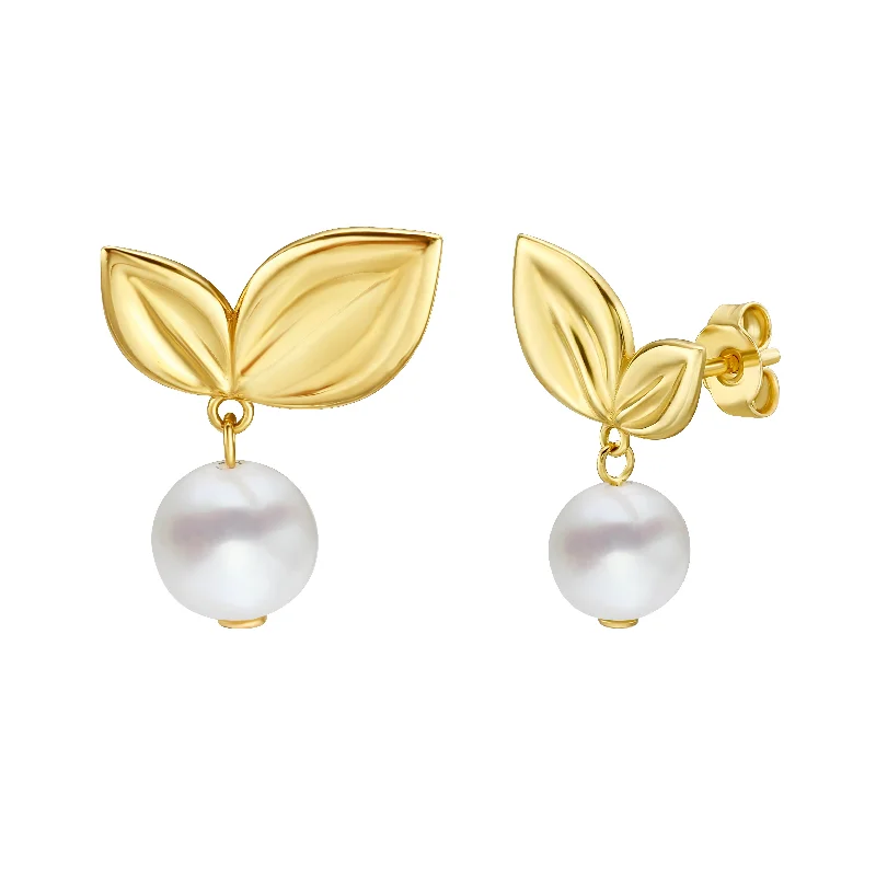 Sparkling Earrings-14K Cherry Leaf & Pearl Drop Studs