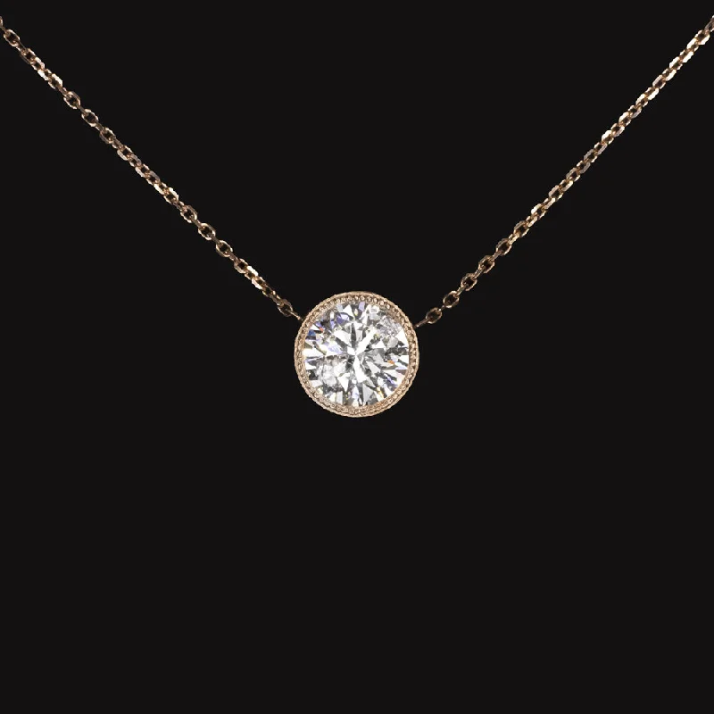 Silver and Gold Necklaces-1.63ct NATURAL DIAMOND SOLITIAIRE NECKLACE ROUND CUT 14k ROSE GOLD BEZEL 1.5ct