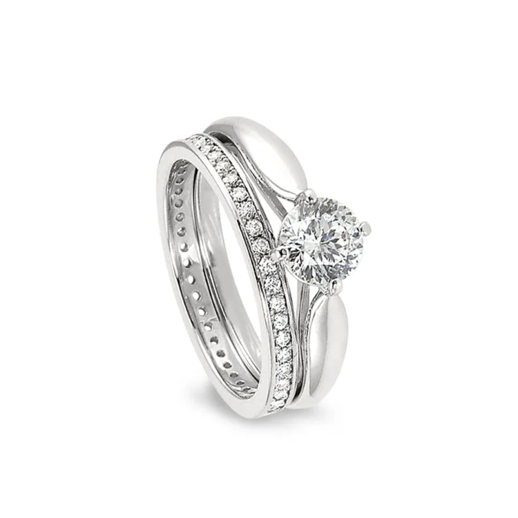 Round Cut Rings-Platinum Finish Sterling Silver Micropave Solitaire Wedding Ring Set with 100 Facet Simulated Daimond