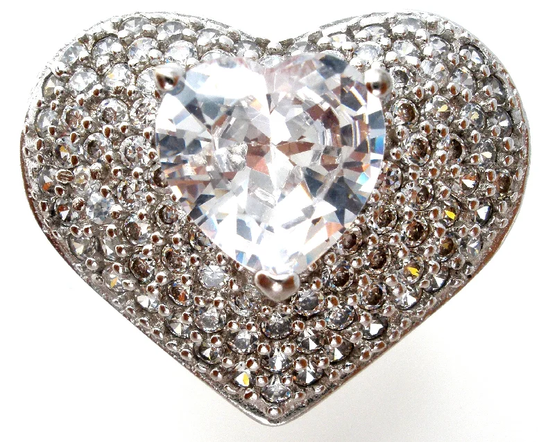 Fashion Diamond Rings-Large Heart Ring with Clear CZ's Size 8