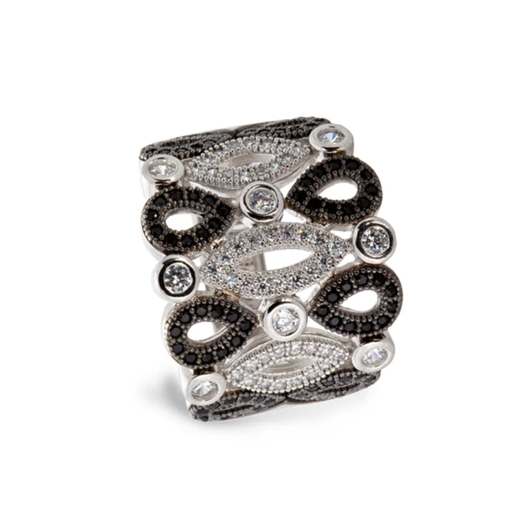 Engagement Rings With Pearls-Platinum & Black Rhodium Finish Sterling Silver Micropave Art Deco Ring with 136 Simulated Diamonds