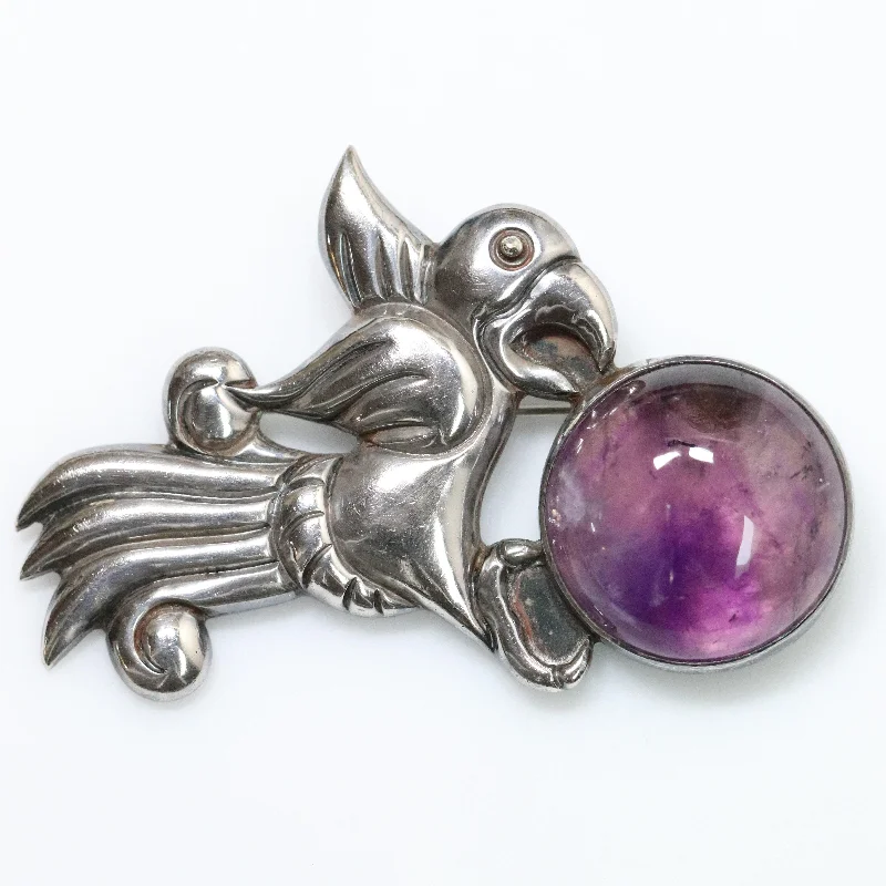 Brooch For Office Outfits-Vintage William Spratling Taxco Silver Mexican Jewelry | Amethyst Parrot Brooch