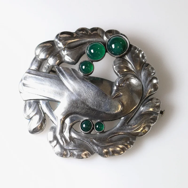 Brooch For Evening Wear-Vintage Georg Jensen Jewelry | Large Green Chrysoprase Dove Brooch 70 Denmark