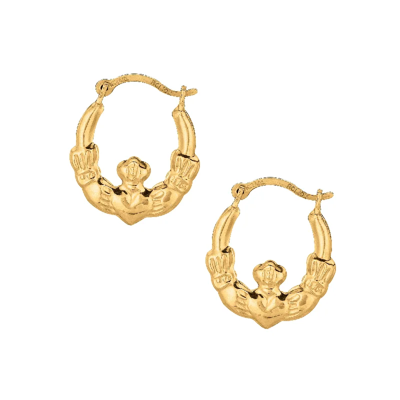 Luxury Gold Stud Earrings-10K Gold Claddagh Hoop Earring