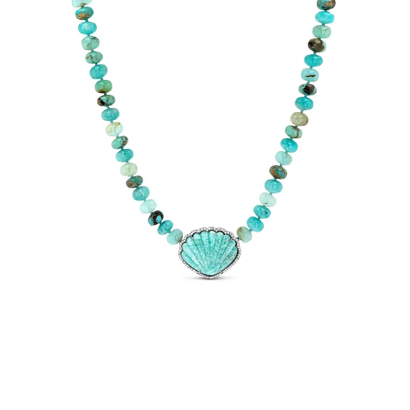 Trendy Necklaces-Amazonite Shell Pendant on Blue Mix Knotted Necklace - 16"  N0002994