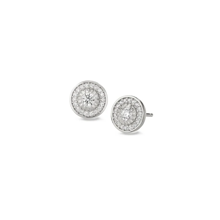 Geometric Silver Earrings-Platinum Finish Sterling Silver Micropave Halo Earrings with Simulated Diamonds