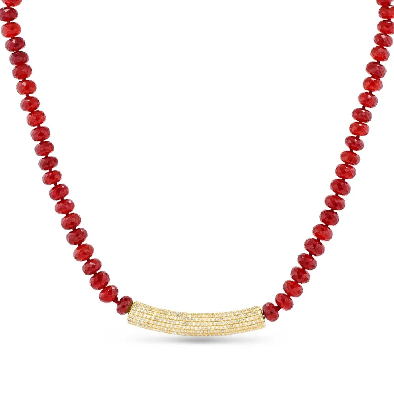 Gold Name Necklaces-14k Hessonite Garnet and Diamond Roll Bar Necklace NG002791