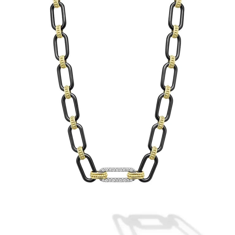 Love Necklaces-Caviar Black Ceramic and Diamond 12x6 Oval Link 18" Necklace in Sterling Silver and 18K Yellow Gold with Toggle Clasp, 18in