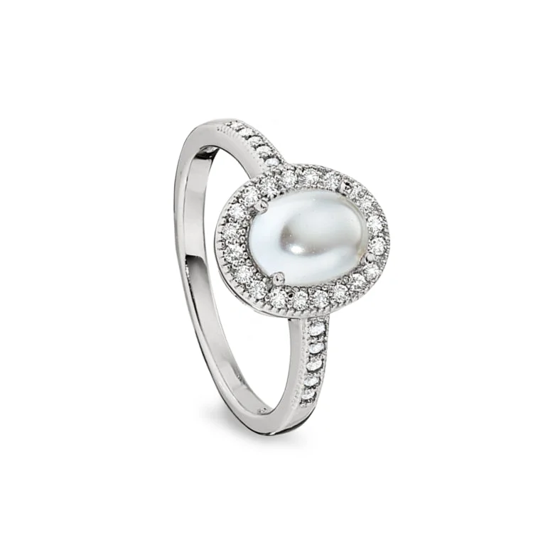 Stackable Rings-Platinum Finish Sterling Silver Micropave Cabochon Cut Pearl Ring with Simulated Diamonds