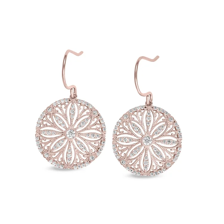 Shaped Earrings-Rose Gold Finish Sterling Silver Micropave Vintage Sand Dollar Earrings with Simulated Diamonds