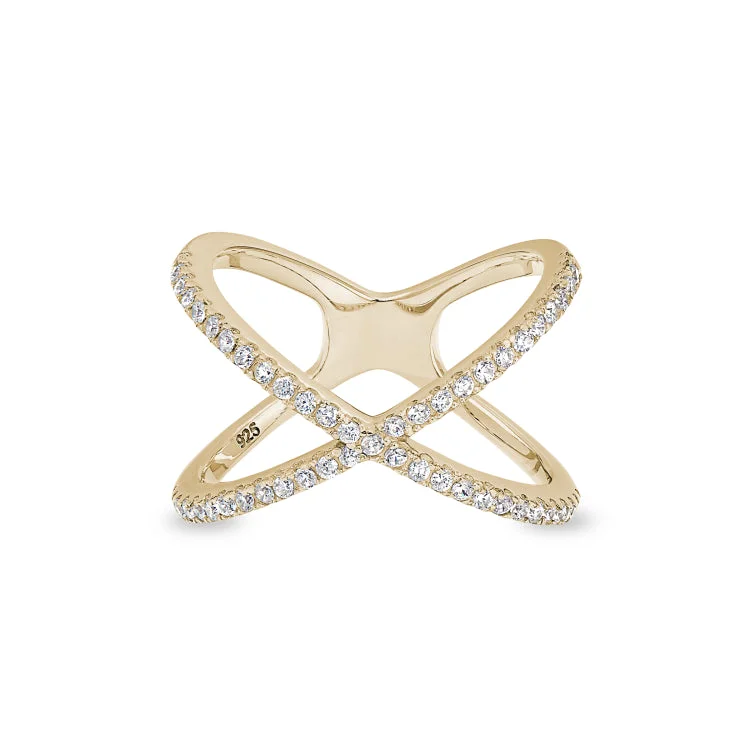 Eternity Rings-Gold Finish Sterling Silver Micropave Criss-Cross Ring with Simulated Diamonds