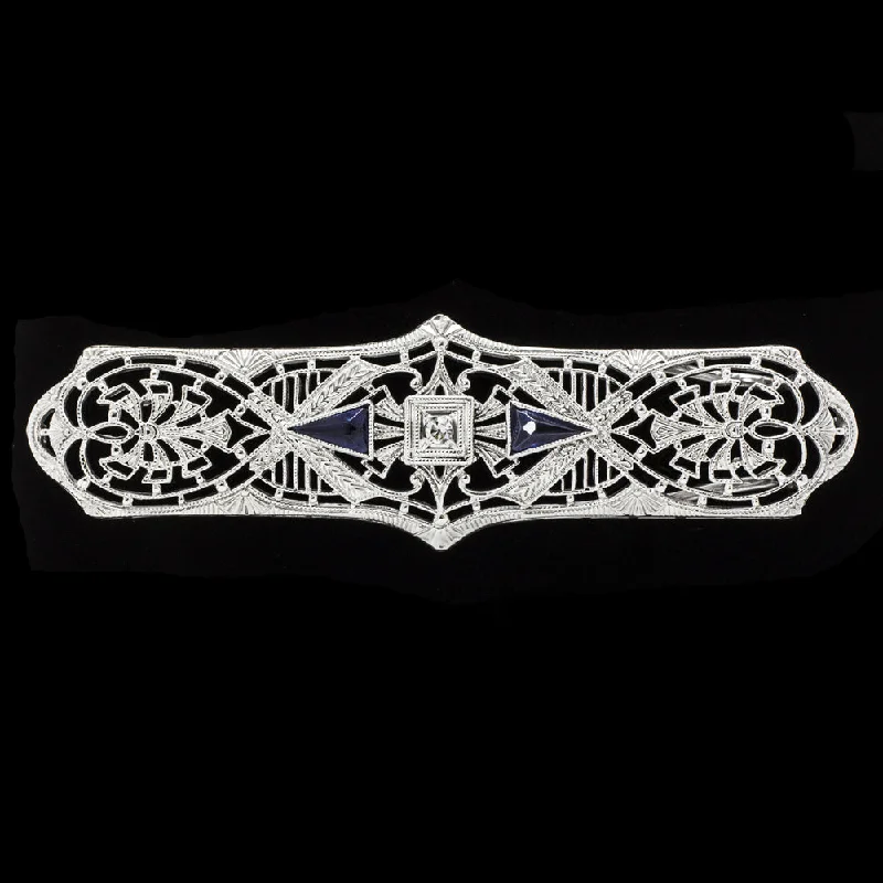 Luxury Necklaces-ART DECO PENDANT FILIGREE DIAMOND SAPPHIRE WHITE GOLD NECKLACE VINTAGE ENGRAVED