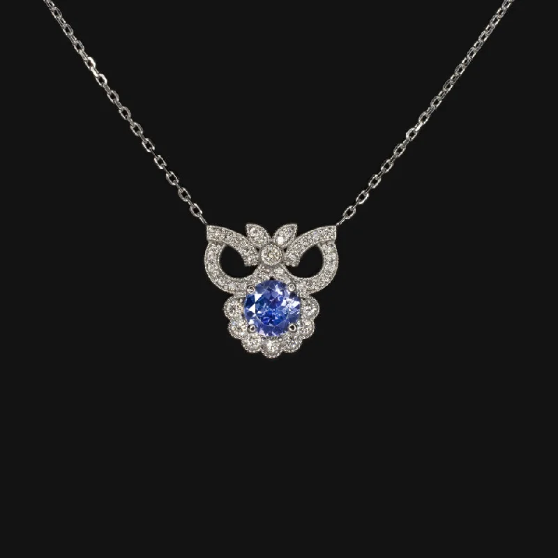 Long Pendant Necklaces-TANZANITE DIAMOND PENDANT VINTAGE STYLE NECKLACE EDWARDIAN 14k WHITE GOLD BLUE