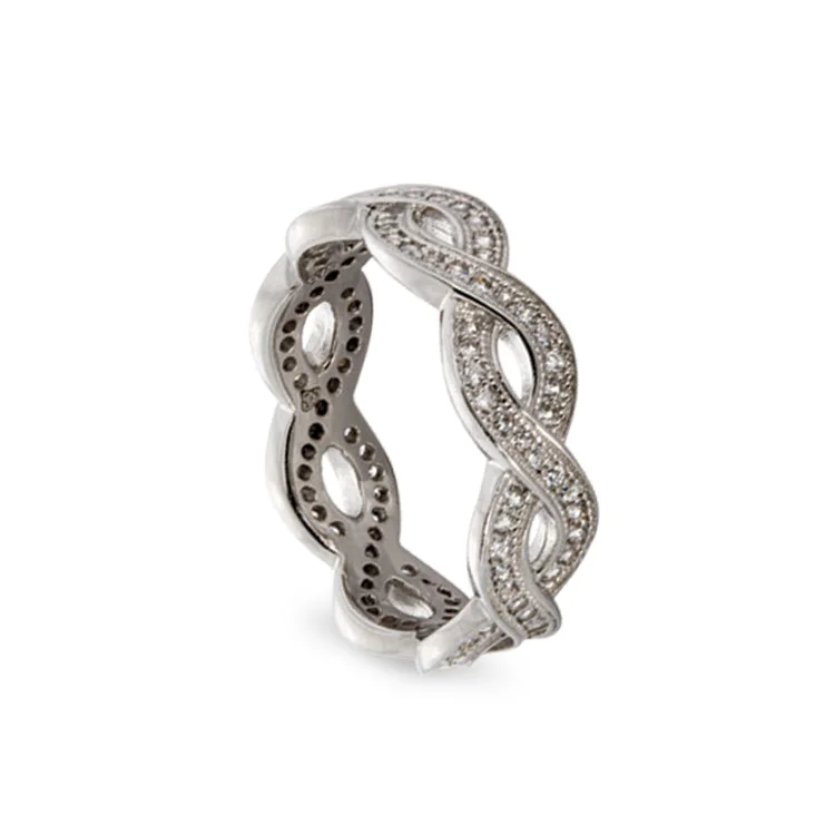 Three-Stone Rings-Platinum Finish Sterling Silver Micropave Twisted Ring with 104 Simulated Diamonds