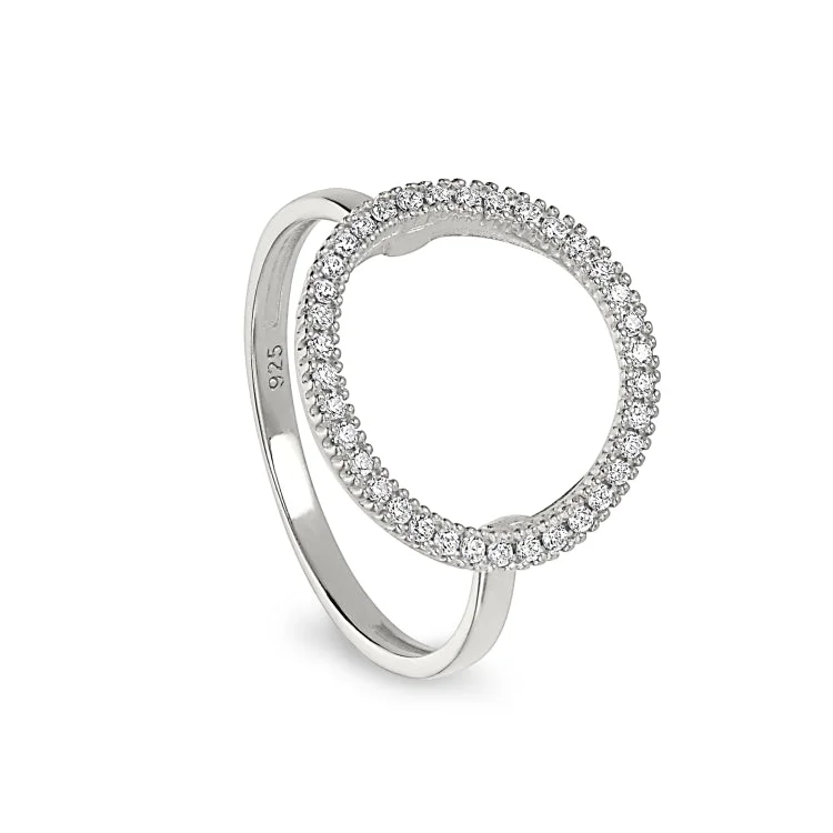 Engraved Wedding Bands-Platinum Finish Sterling Silver Micropave Open Circle Ring with Simulated Diamonds