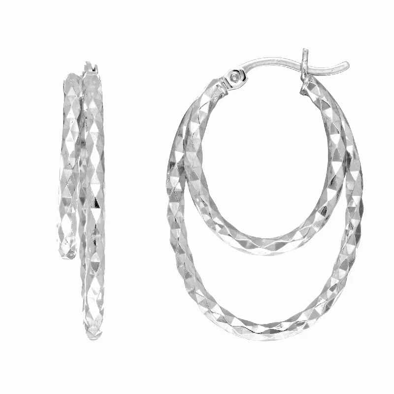 Small Hoop Earrings-Silver Double Diamond Cut Hoop Earring