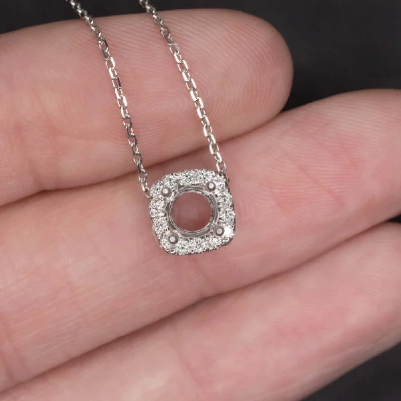 Two-tone Necklaces-DIAMOND PENDANT 5mm ROUND SETTING CUSHION SEMI MOUNT HALO NECKLACE WHITE GOLD