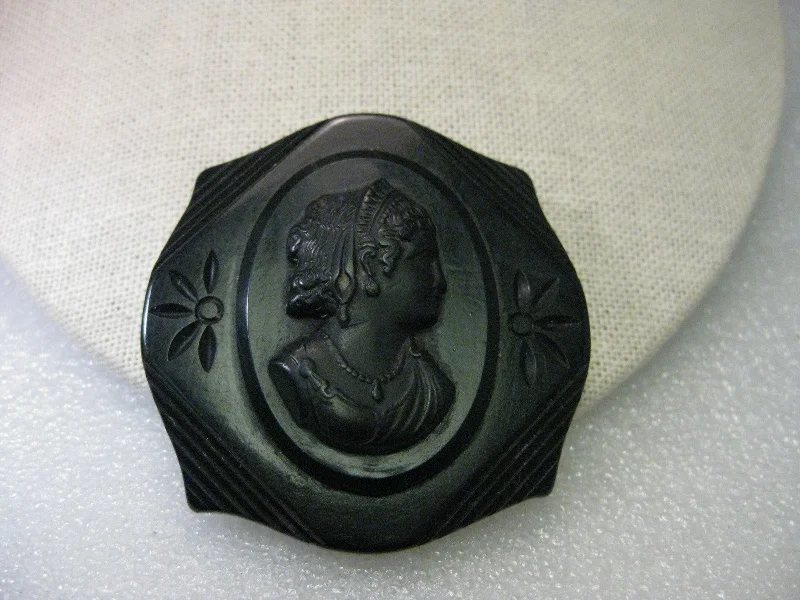 Fashionable Brooch For Evening Wear-Vintage Brooch, Black Mourning Cameo Brooch, Bakelite Woman with Headdress, early 1900s