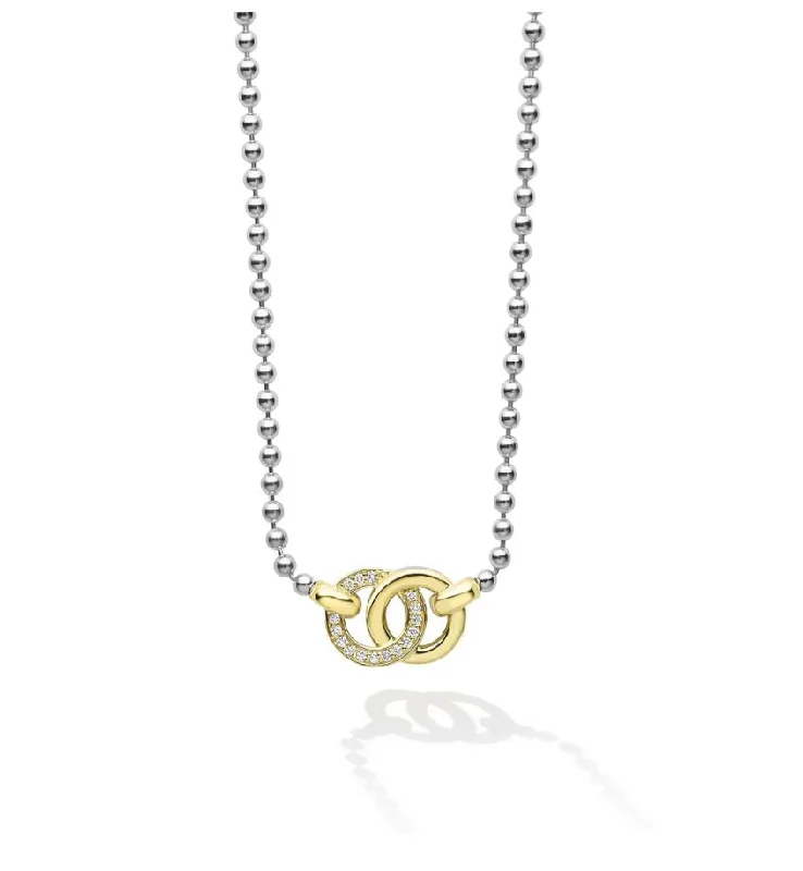 Chunky Gold Necklaces-Signature Caviar 0.11Ct Diamond Interlocking Circle Pendant on Ball Chain Necklace in 18K Yellow Gold and Sterling Silver,16-18in