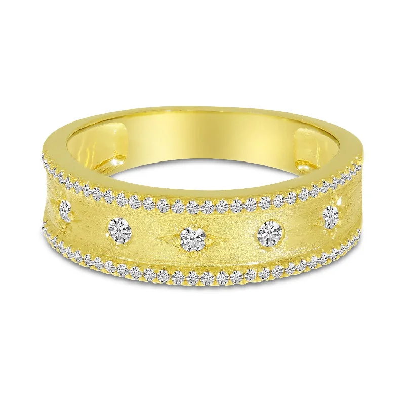 Elegant Wedding Bands-14K Yellow Gold Diamond Celestial Brushed Gold Band RM10792