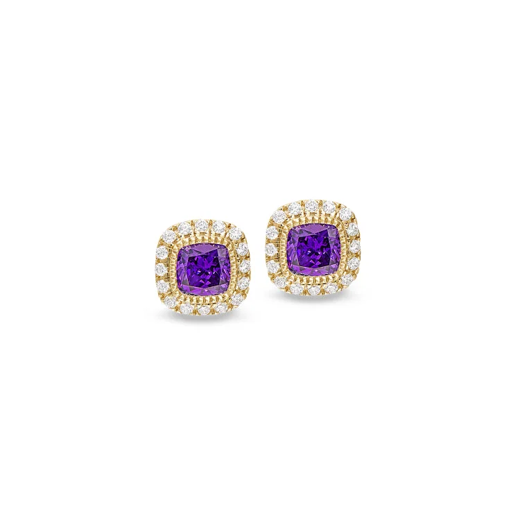 Classic Drop Stud Earrings-Gold Finish Sterling Silver Micropave Simulated Amethyst Earrings with Simulated Diamonds