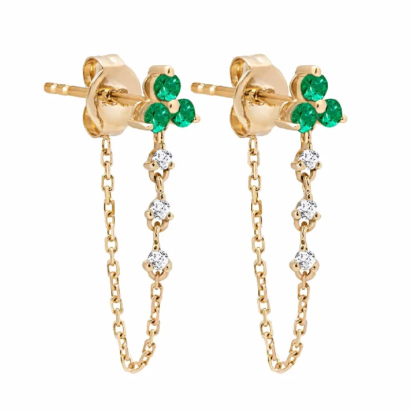 Stylish Hoop Drop Earrings-Gemstone Diamond Chain Earrings Emerald