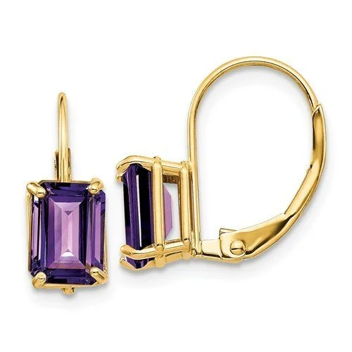 Geometric Silver Drop Earrings-14KT YELLOW GOLD 7X5MM EMERALD CUT AMETHYST LEVERBACK EARRINGS