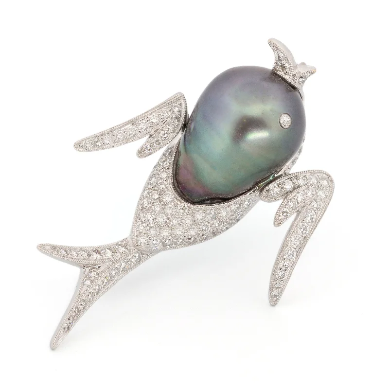 Brooch For Fashion-Forward Women-Bird Brooch with Tahitian Pearl & Diamonds