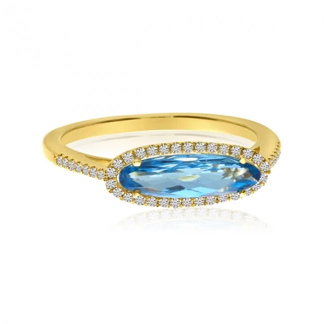 Sapphire Engagement Rings For Women-14K Yellow Gold Elongated Oval Blue Topaz and Diamond Semi Precious Fashion Ring RM3969