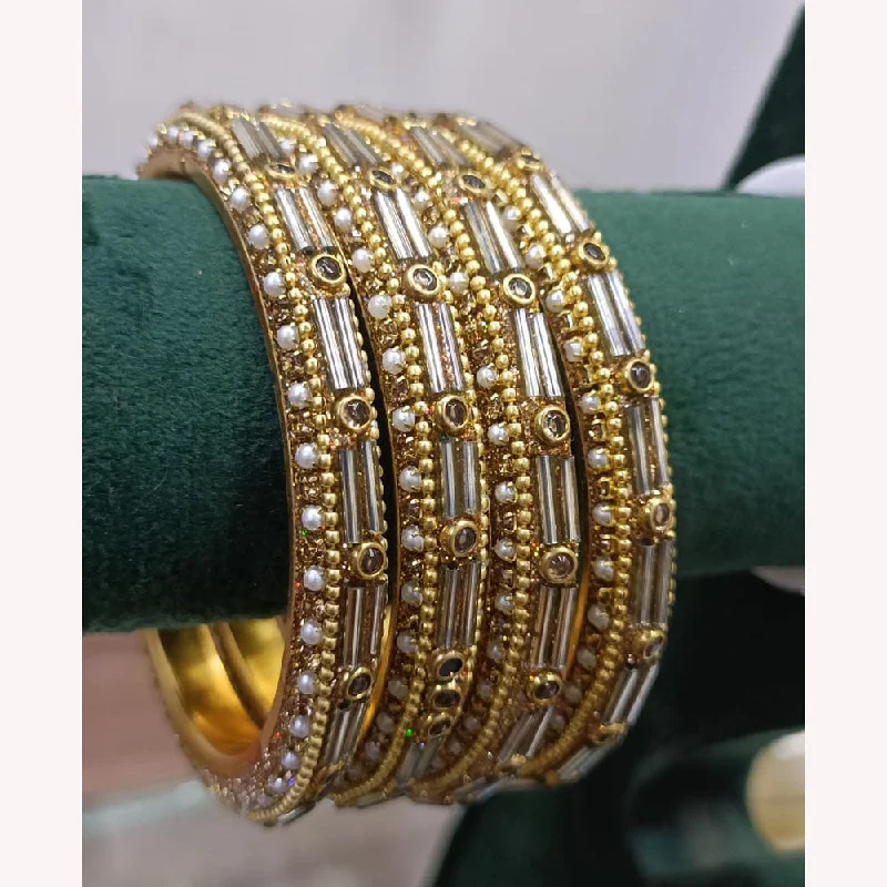 Bangles With Geometric Patterns-Exotica Collection Gold Plated Austrian Stone And Pearls Bangle Set