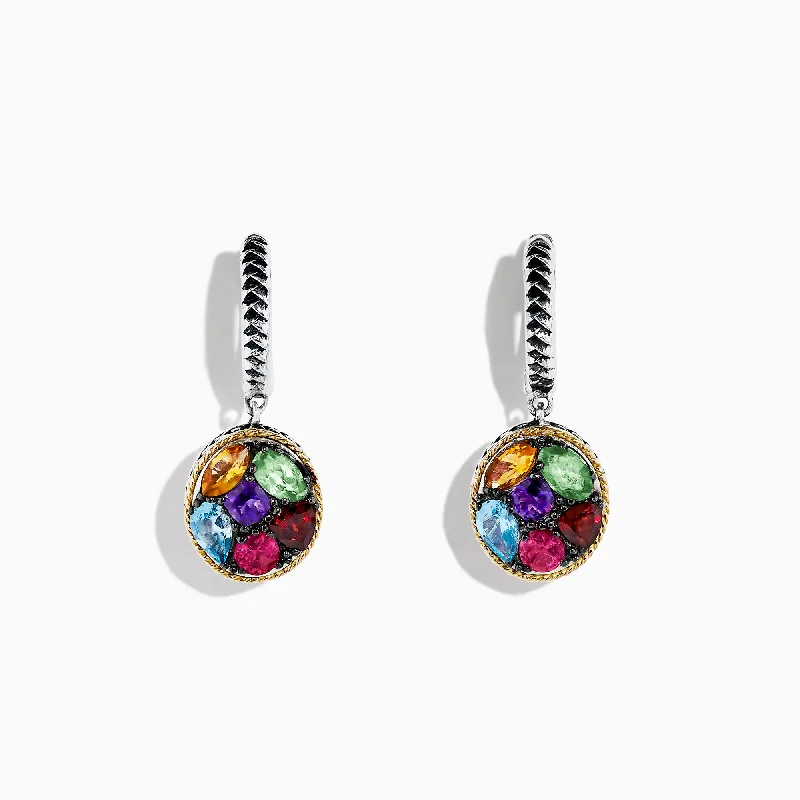 Blue Hoop Earrings-Mosaic Sterling Silver & 18K Gold Multi Gemstone Earrings, 2.75 TCW