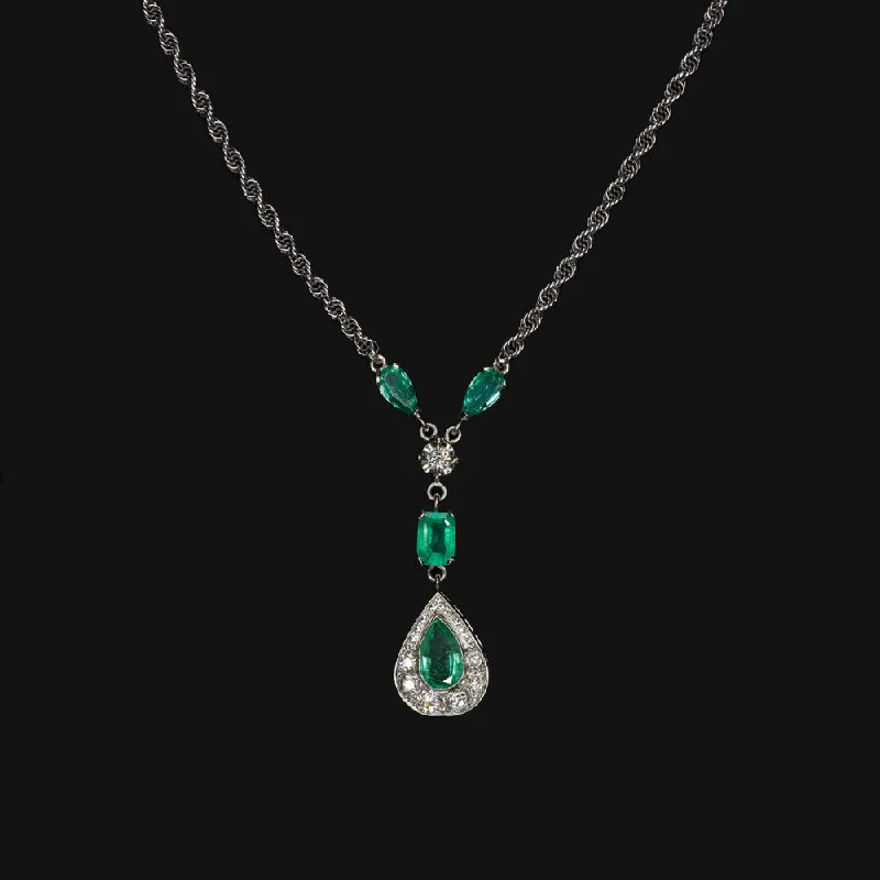 Custom Pendant Necklaces-VINTAGE 4.80ct COLOMBIAN EMERALD DIAMOND NECKLACE PEAR SHAPE DROP 14k WHITE GOLD