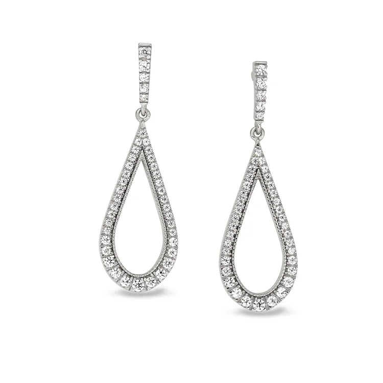 Art Deco Earrings-Platinum Finish Sterling Silver Micropave Teardrop Earrings with Simulated Diamonds