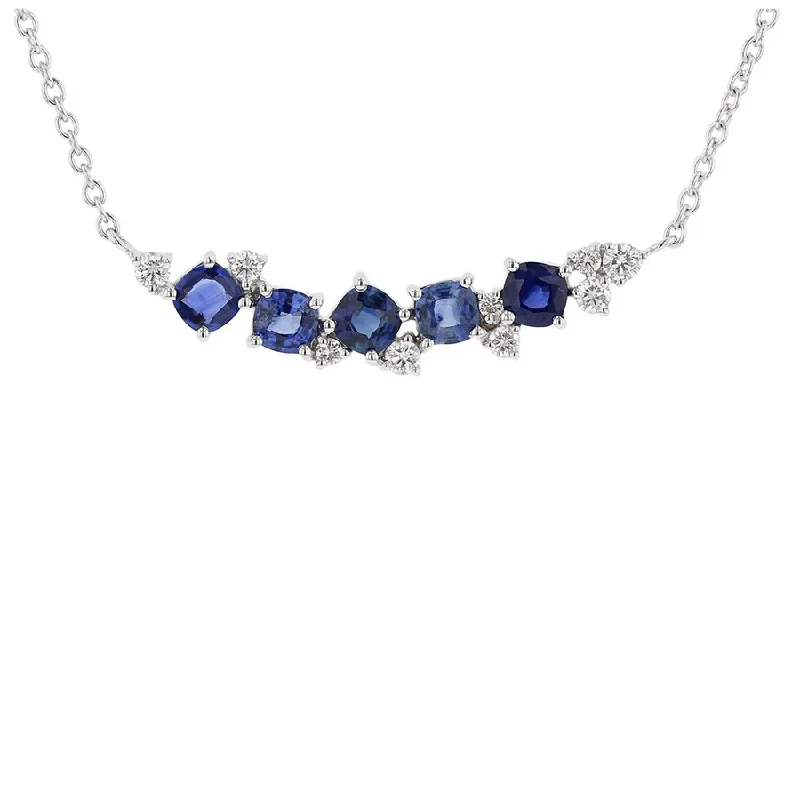 Birthstone Heart Necklaces-2.10ct Blue Sapphire and 0.29ct Diamond Cluster Bar Necklace in 18k White Gold, 18inch