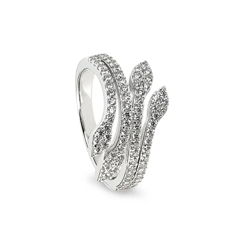 Personalized Wedding Rings-Platinum Finish Sterling Silver Micropave Leaf Ring with Simulated Diamonds