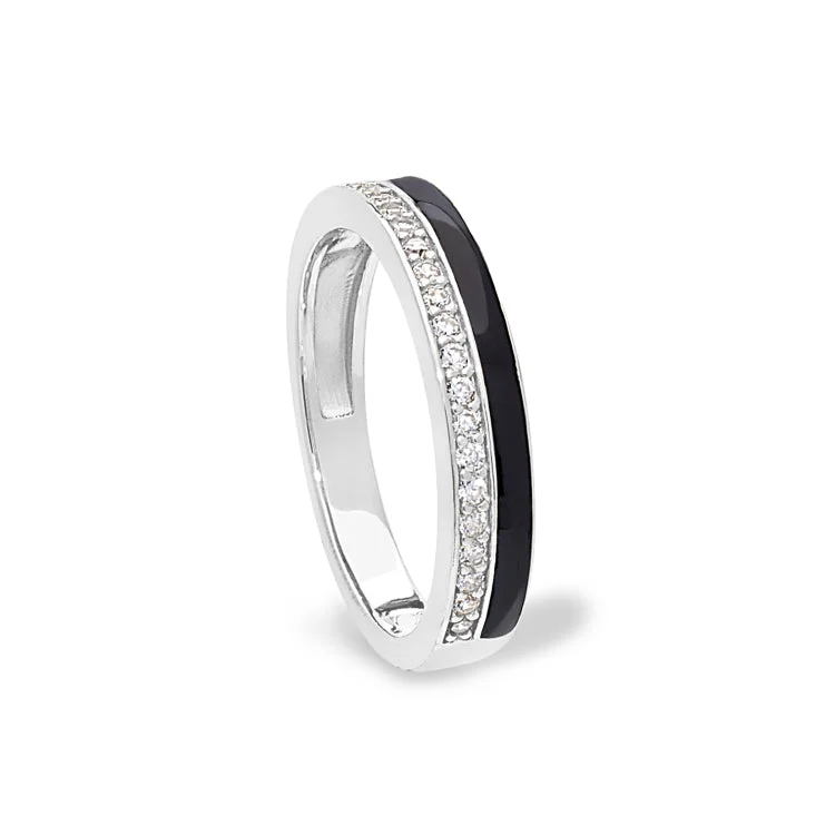 Wedding Rings For Men-Platinum Finish Sterling Silver Micropave Ring with with Black Enamel and Simulated Diamondss