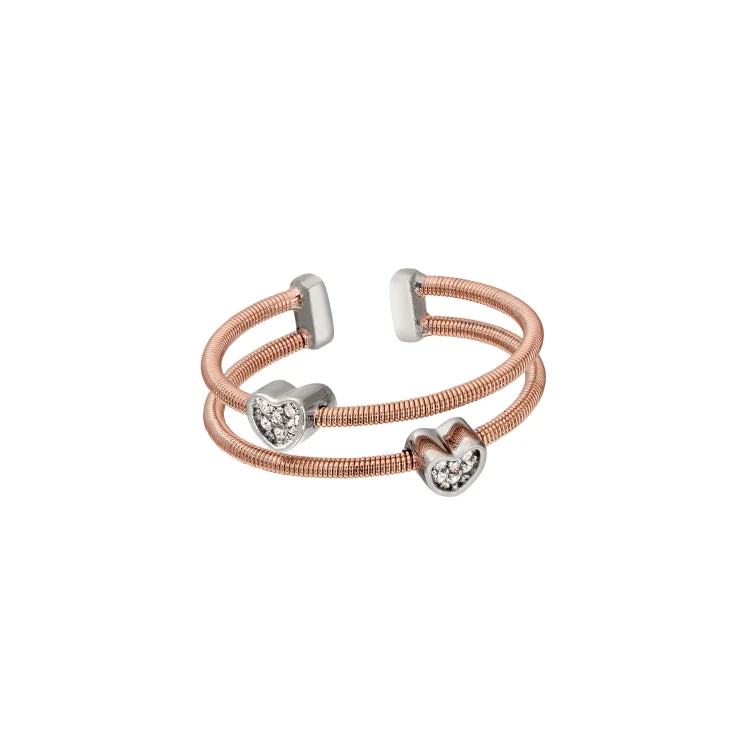 Halo Rings-Rose Gold Finish Sterling Silver Two Cable Cuff Ring with Two Rhodium Finish Simulated Diamond Hearts